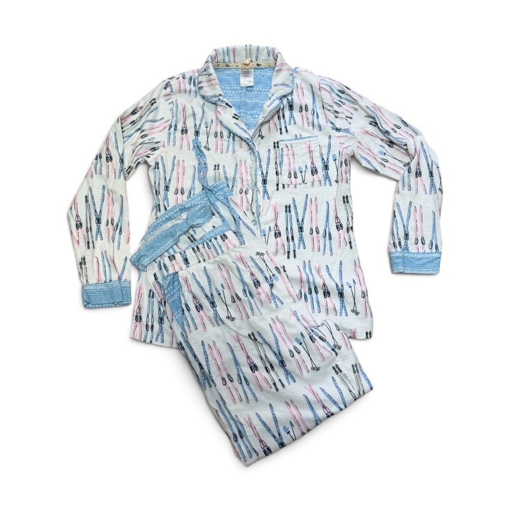 Munki Munki Pajama Set M Blue Pink Pastel Ski Print Bamboo Cotton Flannel Cozy‎